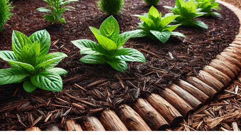 A garden bed with a fresh layer of mulch applied around the plants